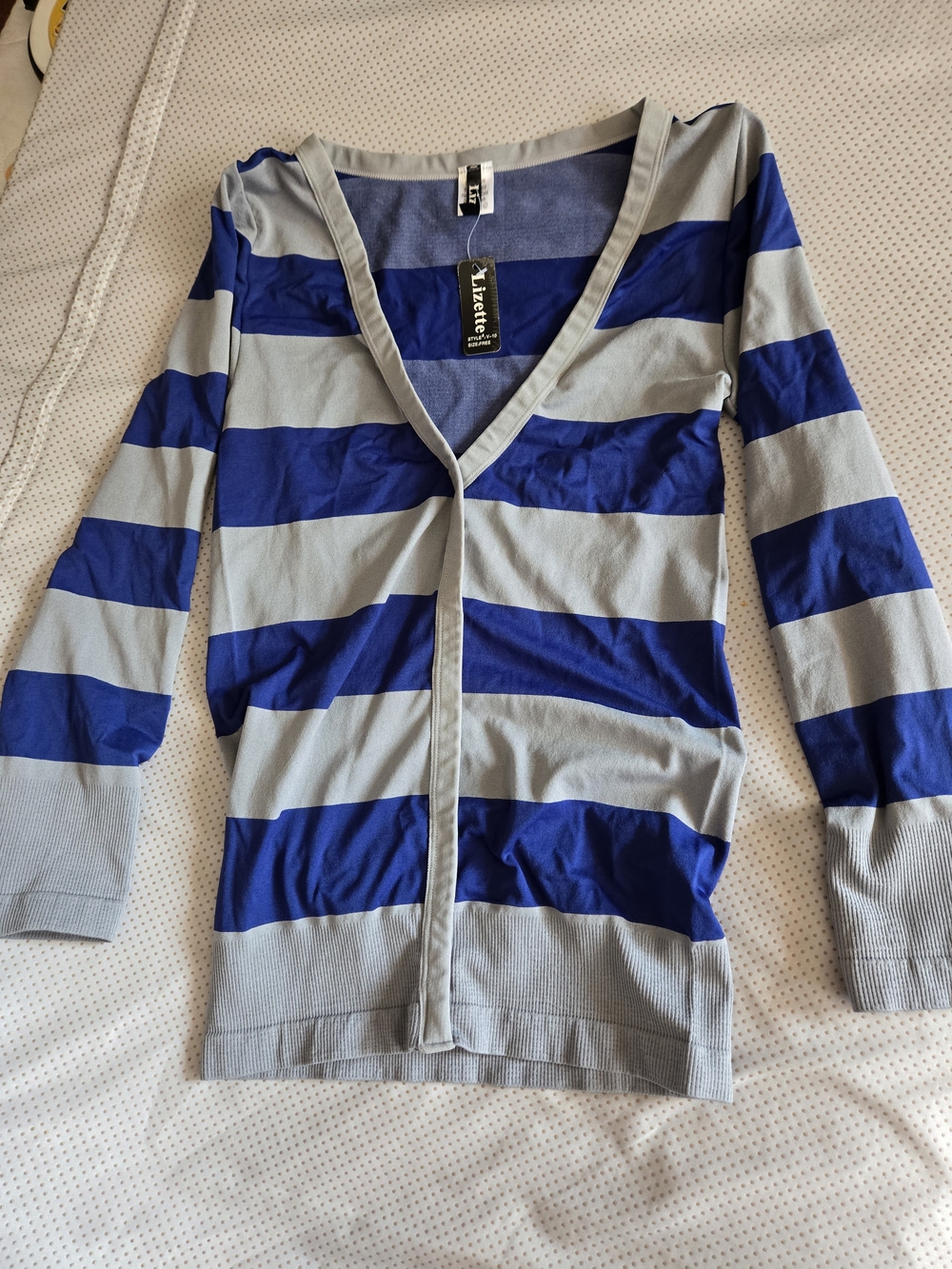 Lizette Blue and Light Gray Striped V-Neck Women's Cardigan